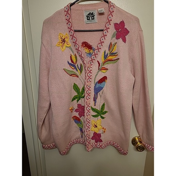 Storybook Knits Sweaters - Storybook Sweater Womens Medium Pink Parrots Tropical‎ Cardigan Floral